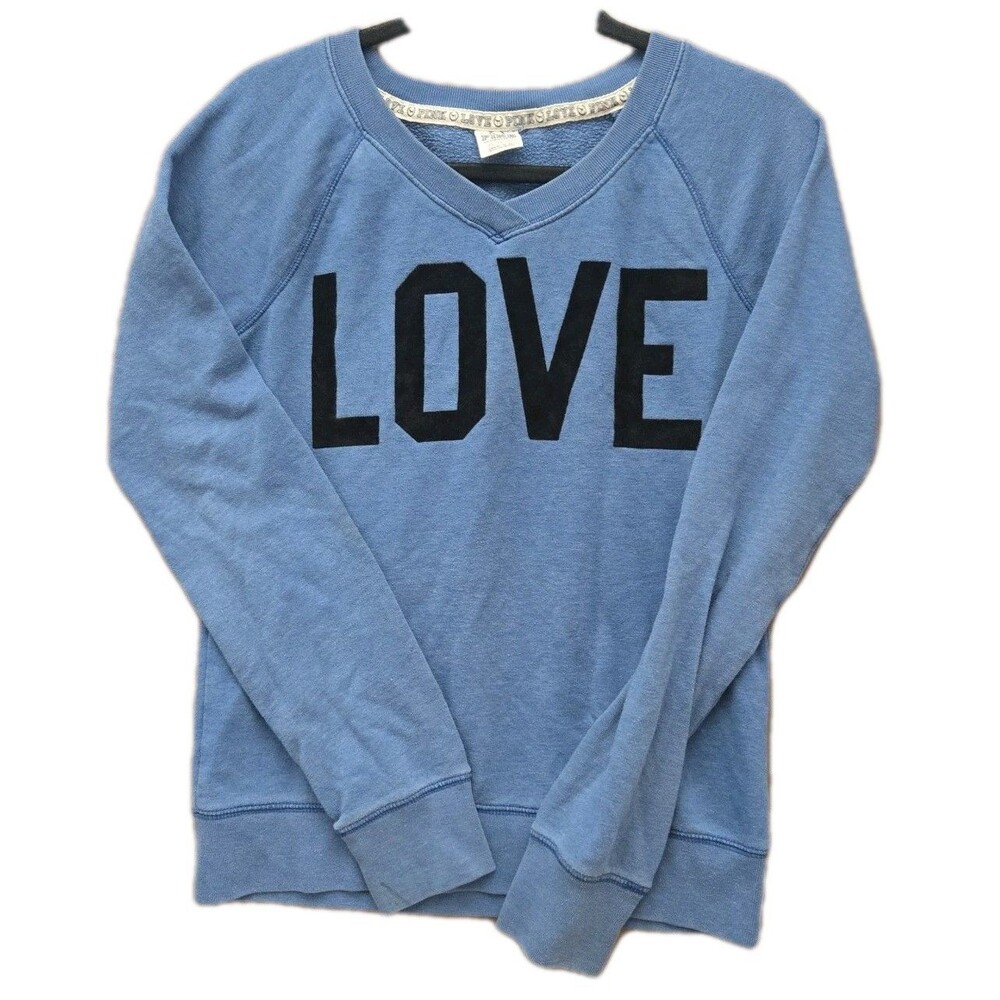 VS PINK Blue V Neck Sweatshirt XS Love Graphic Long Sleeve Top Fleece Pullover